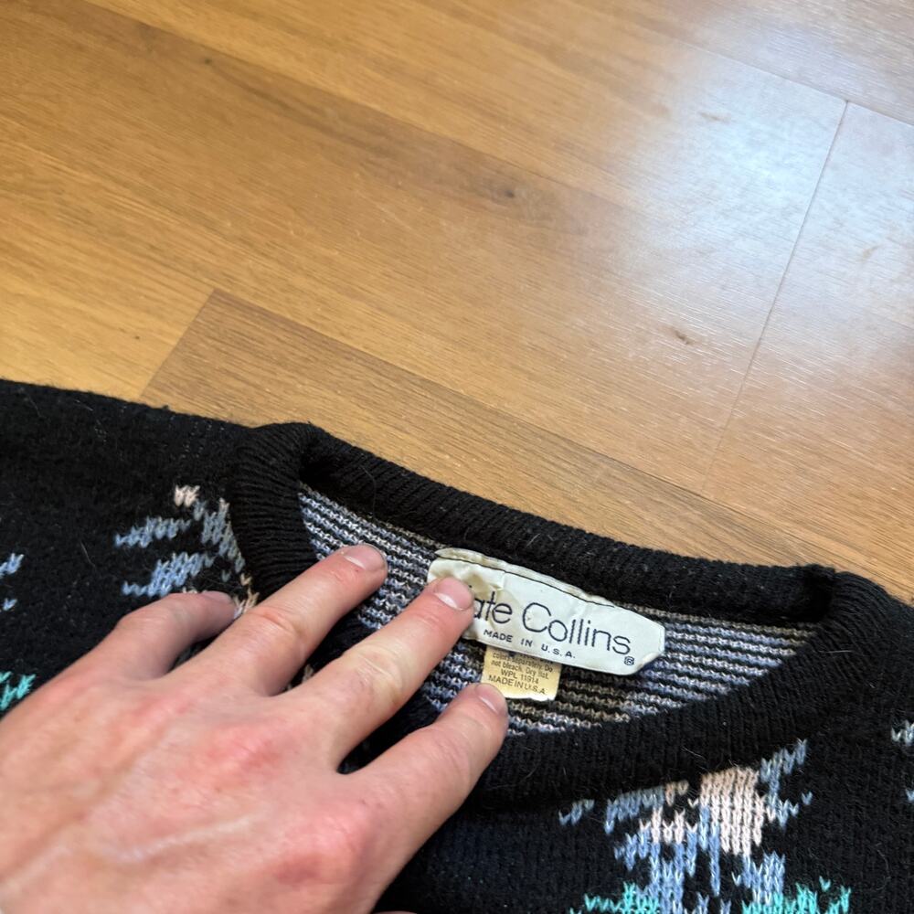 Women's Vintage 80's Kate Collins Black Floral Knit Pullover Crewneck Sweater S - Picture 3 of 8
